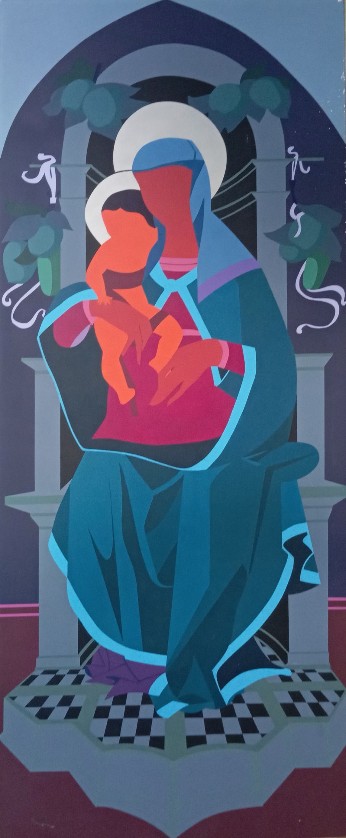 1994 Madonna en el trono con Niño 140x58 Acrílico sobre tablex